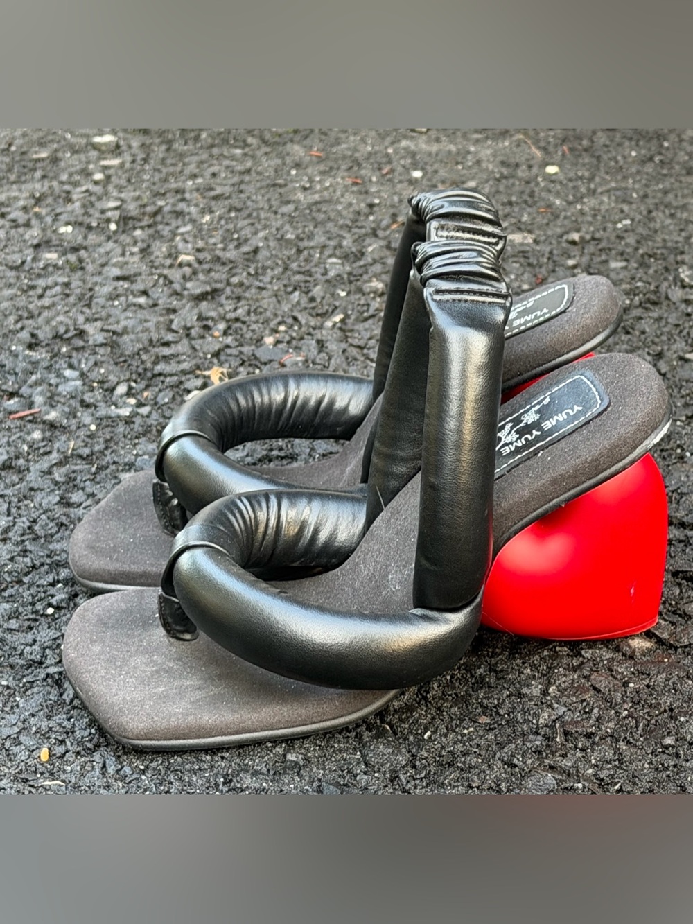 Yume Yume Black Padded-Strap Heeled Sandals with Red Heart Heel